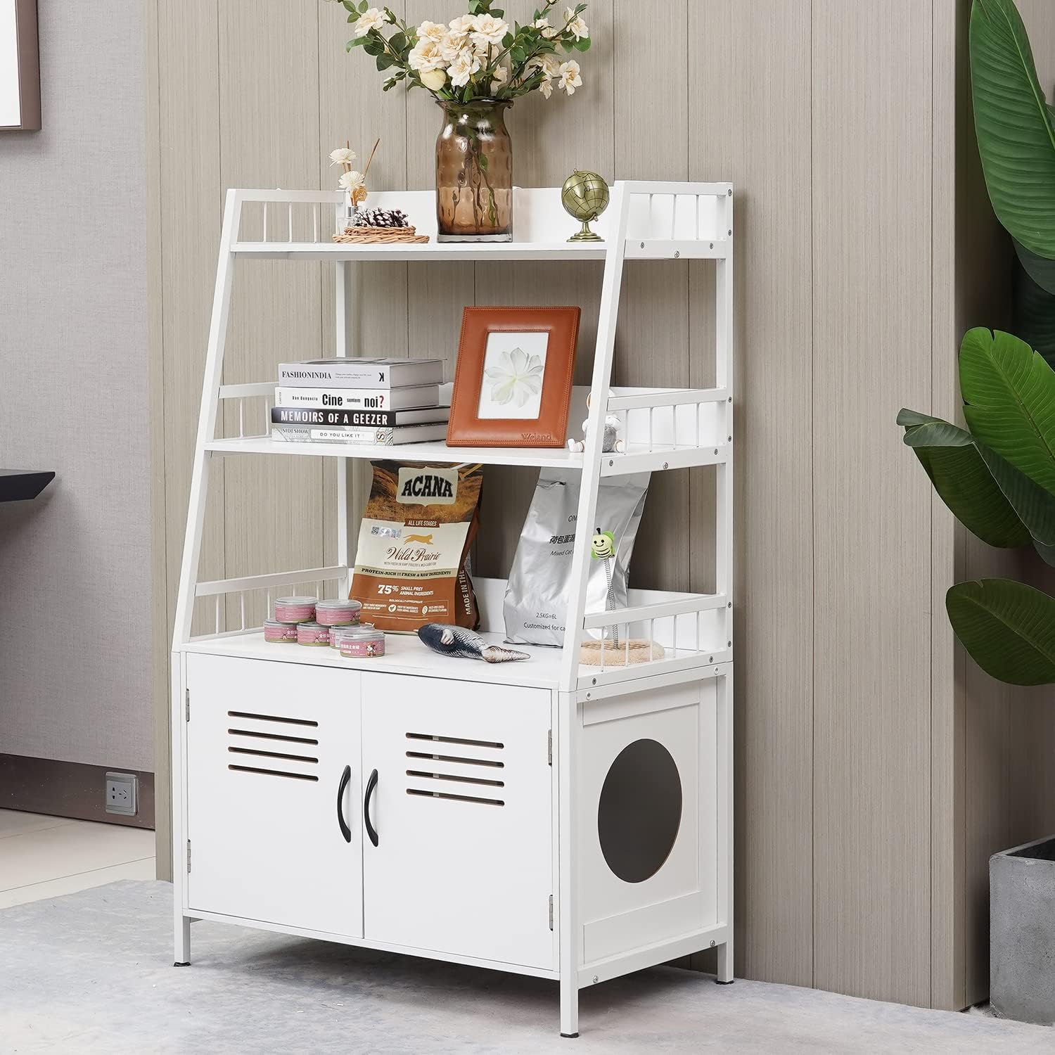 White Wooden Cat Litter Box Enclosure with 2 Doors B37425