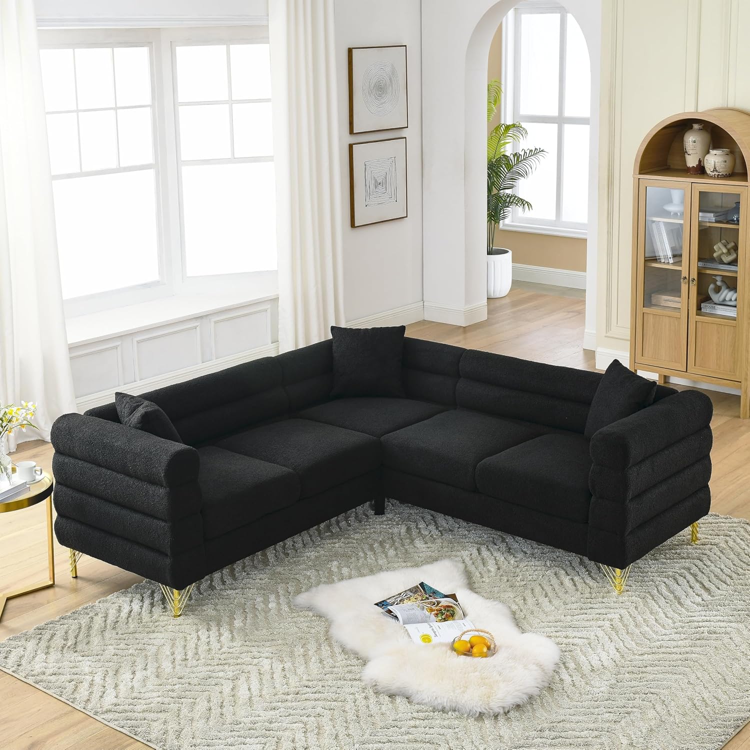 Black L-Shape Sectional Sofa 5-Seater Corner with Pillows Q7779
