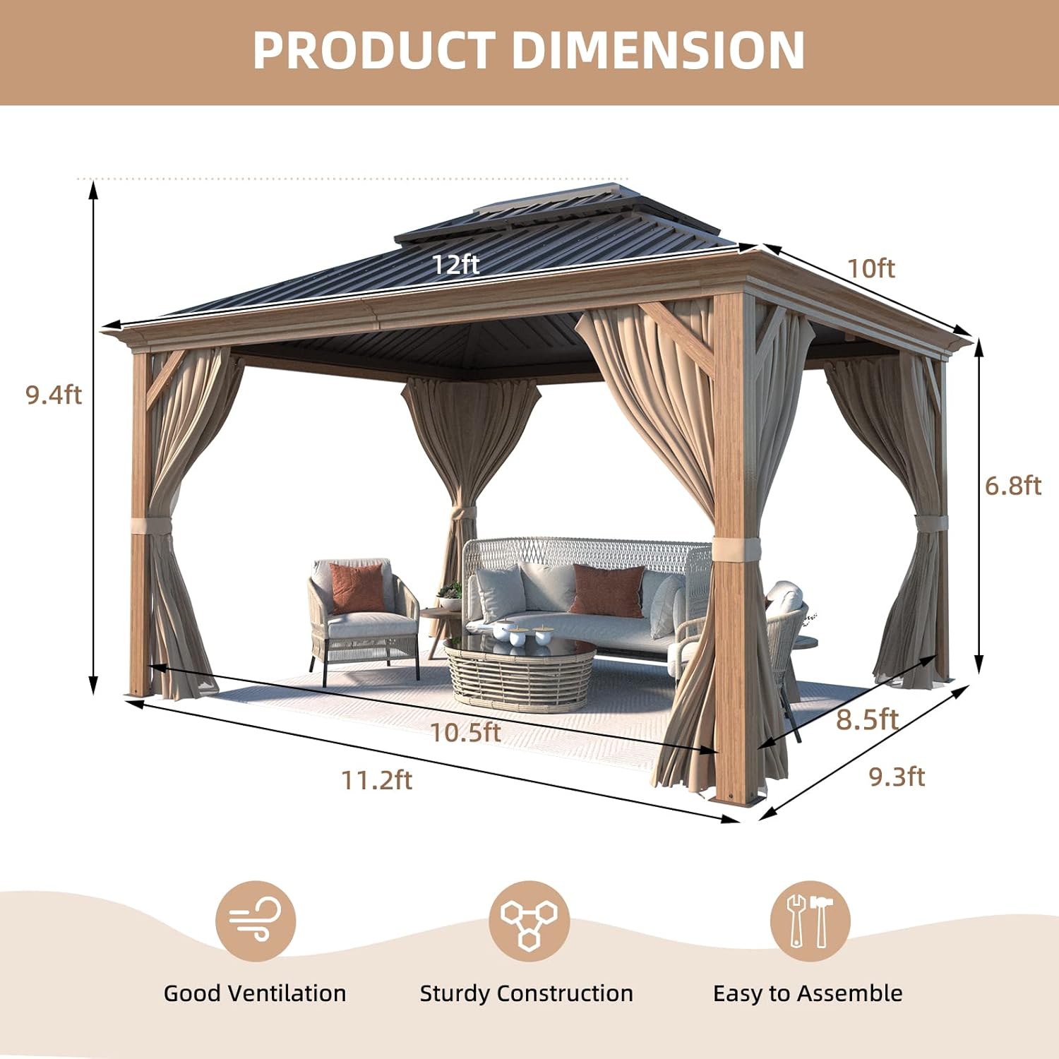 10' x 12' Hardtop Gazebo with Galvanized Steel Double Roof and Curtains S274189
