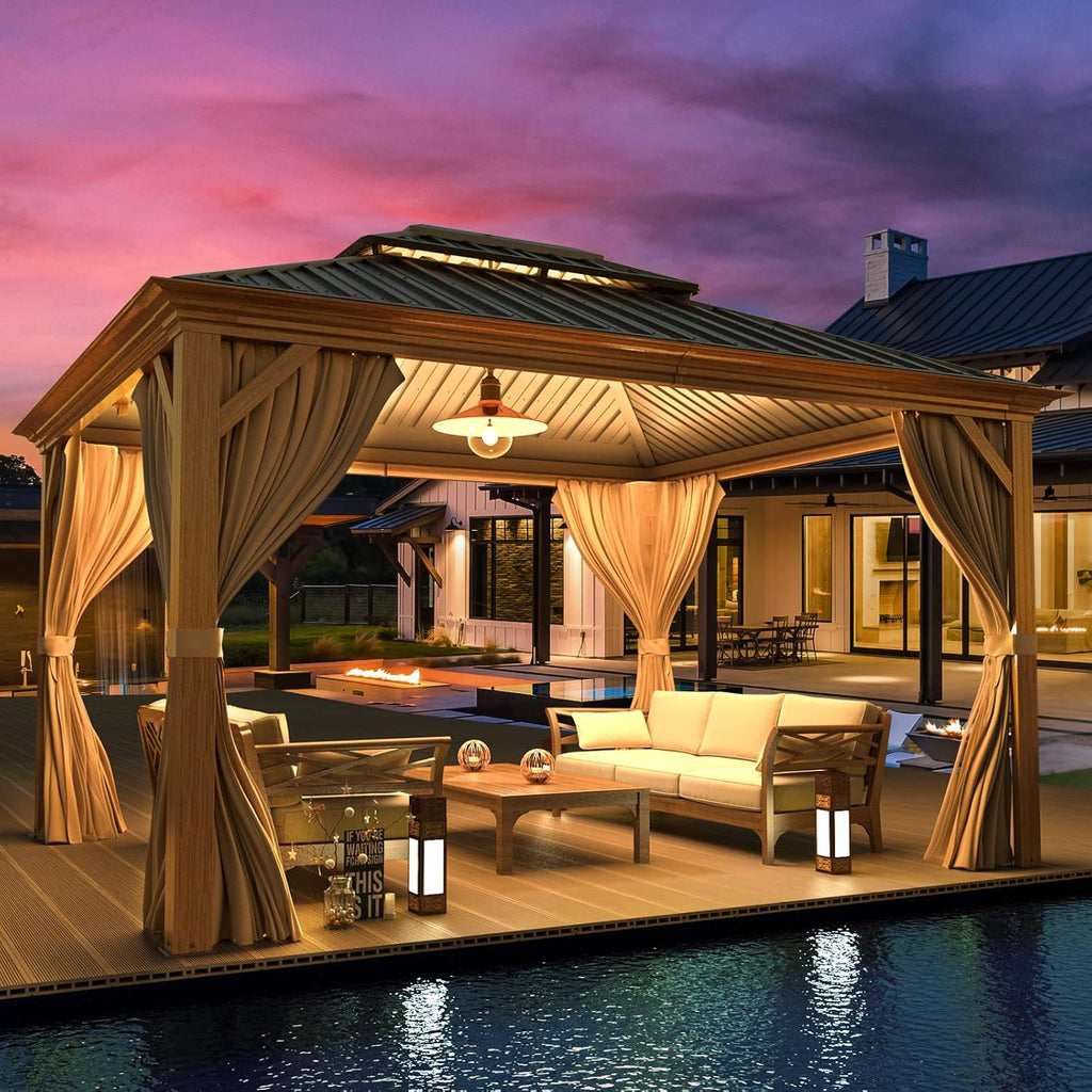 10' x 12' Hardtop Gazebo with Galvanized Steel Double Roof and Curtains S274189