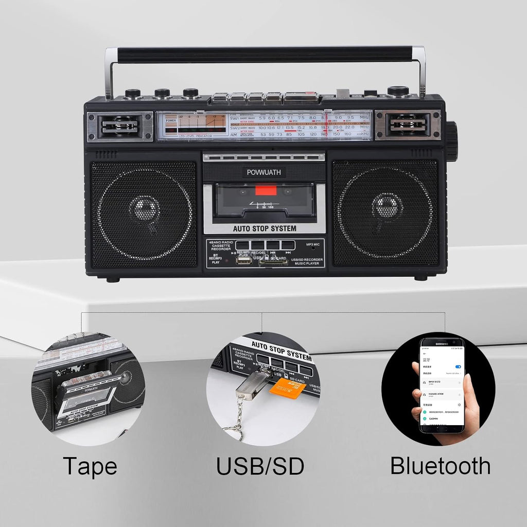 Portable Cassette Player Boombox AM/FM Radio Tape Player Recorder with Bluetooth Microphone F662865