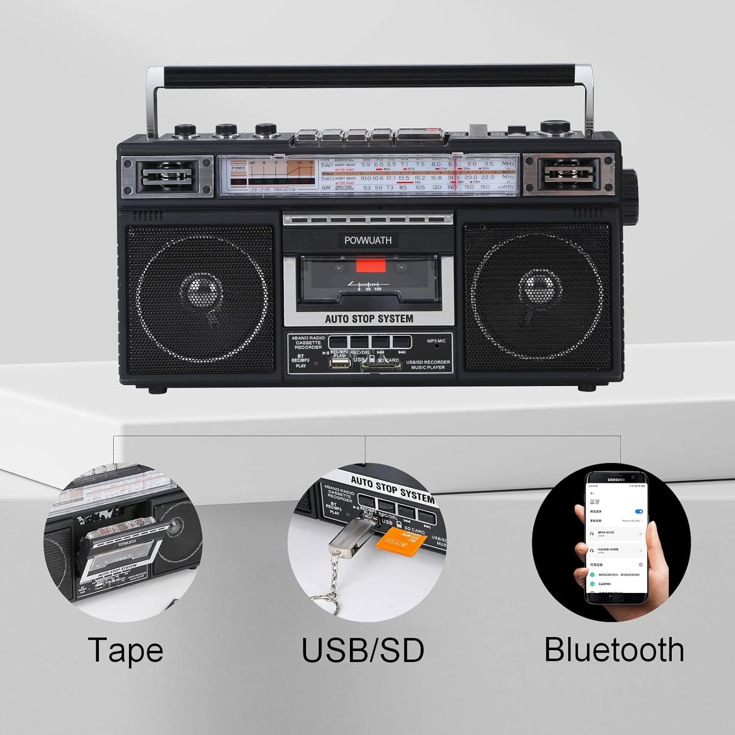 Portable Cassette Player Boombox AM/FM Radio Tape Player Recorder with Bluetooth Microphone F662865