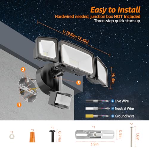 38W 4200LM 6000K IP65 Waterproof 3 Head LED Motion Sensor Flood Lights Black J9896