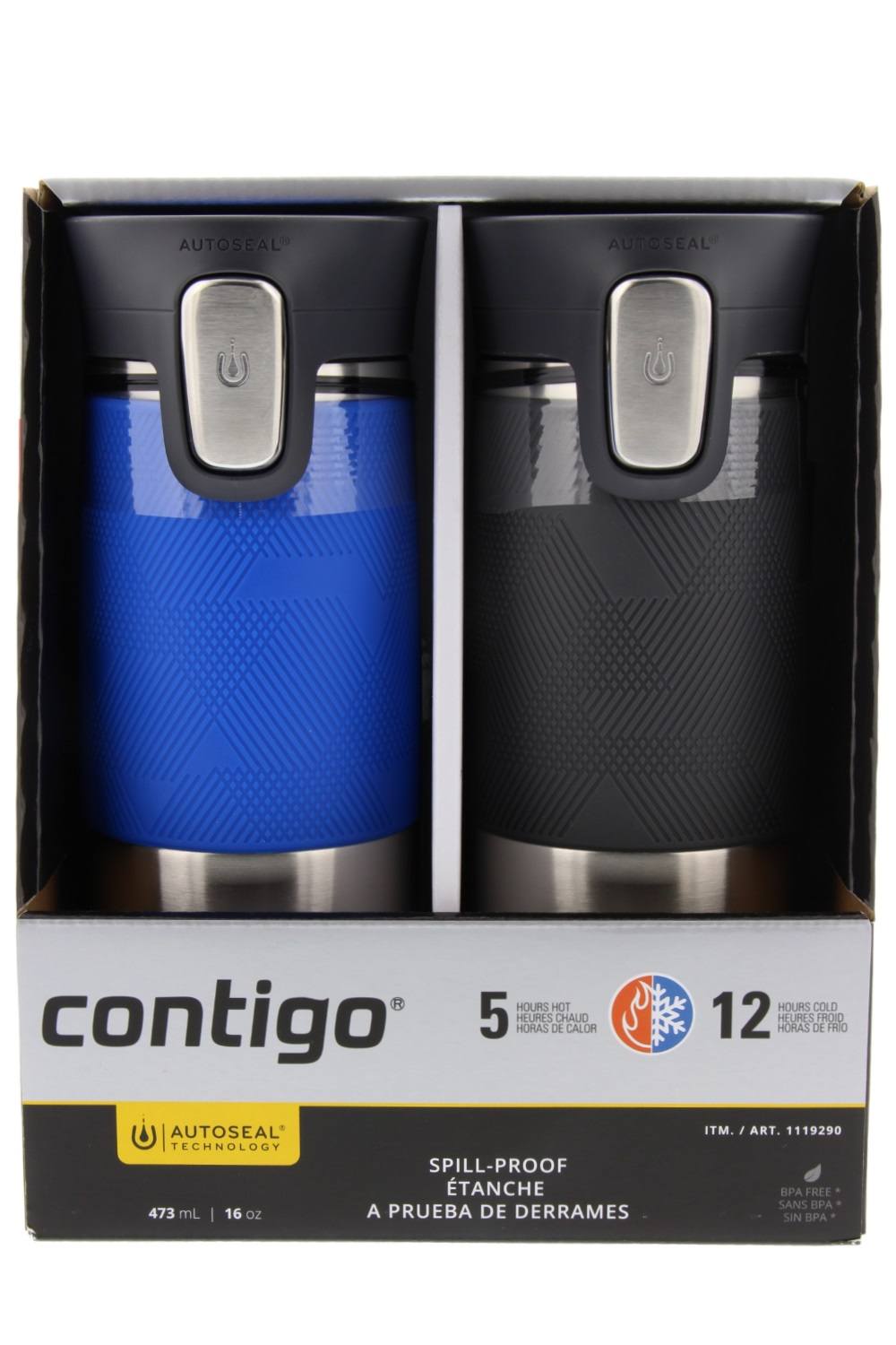 16oz Stainless Steel Spill-Proof Travel Mug, Blue & Gray (2 Pack) Y3297