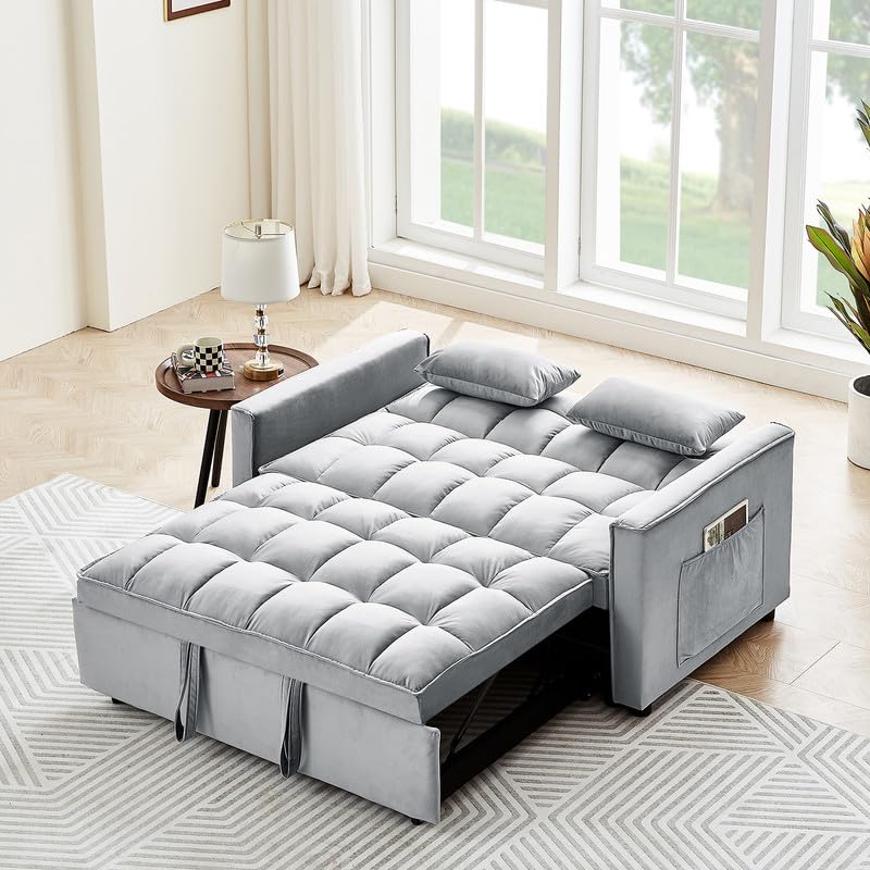 Beige Velvet Convertible Sleeper Sofa Bed with Pull Out Bed F662424