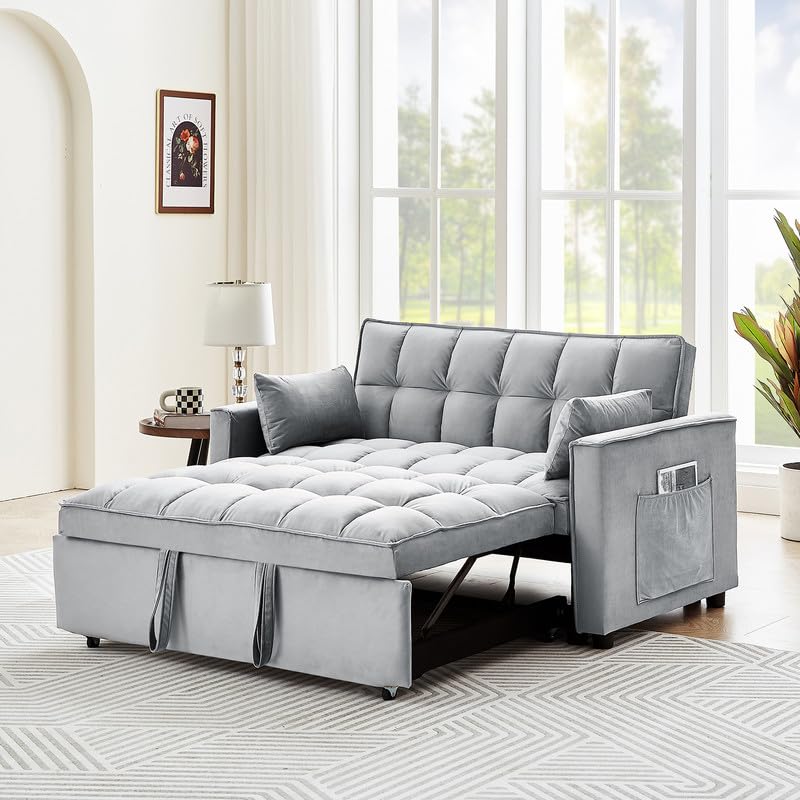 Beige Velvet Convertible Sleeper Sofa Bed with Pull Out Bed F662424