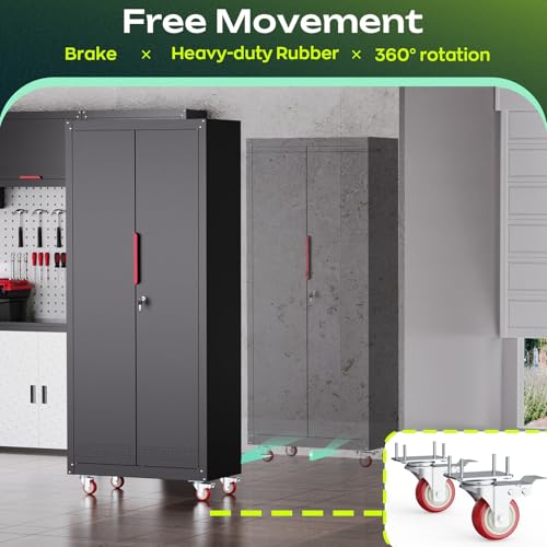 Metal Garage Storage Cabinet with 5 Adjustable Shelves, Lockable Heavy Duty Steel Cabinet with Wheels R1822