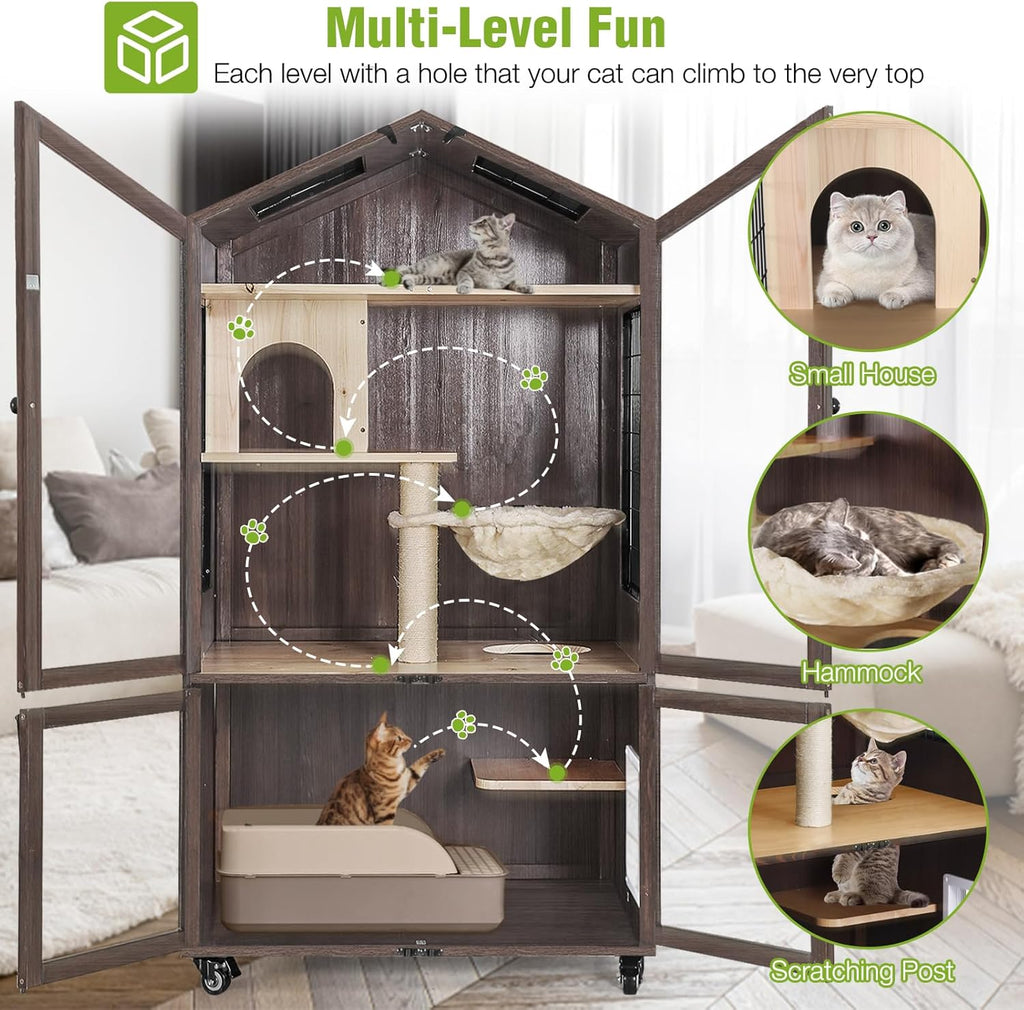 Large Wooden Cat Enclosure with Waterproof Roof, 7 Platforms, 2 Resting Box T730686