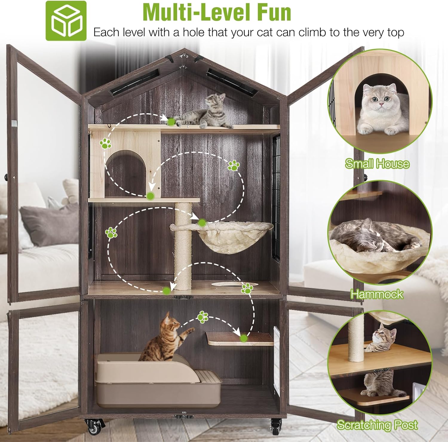 Large Wooden Cat Enclosure with Waterproof Roof, 7 Platforms, 2 Resting Box T730686