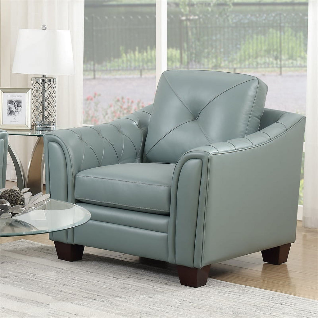 2 Piece Tufted Leather Accent Chair Set In Spa Blue V12599