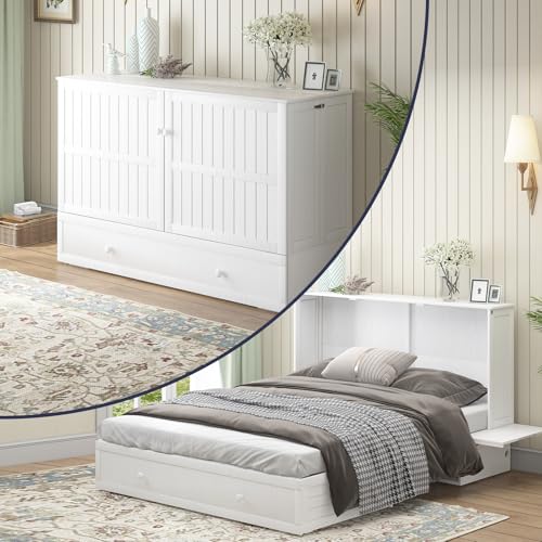 Queen Size Wall Bed with Charging Station, Solid Wood Frame, Burnt Orange S489
