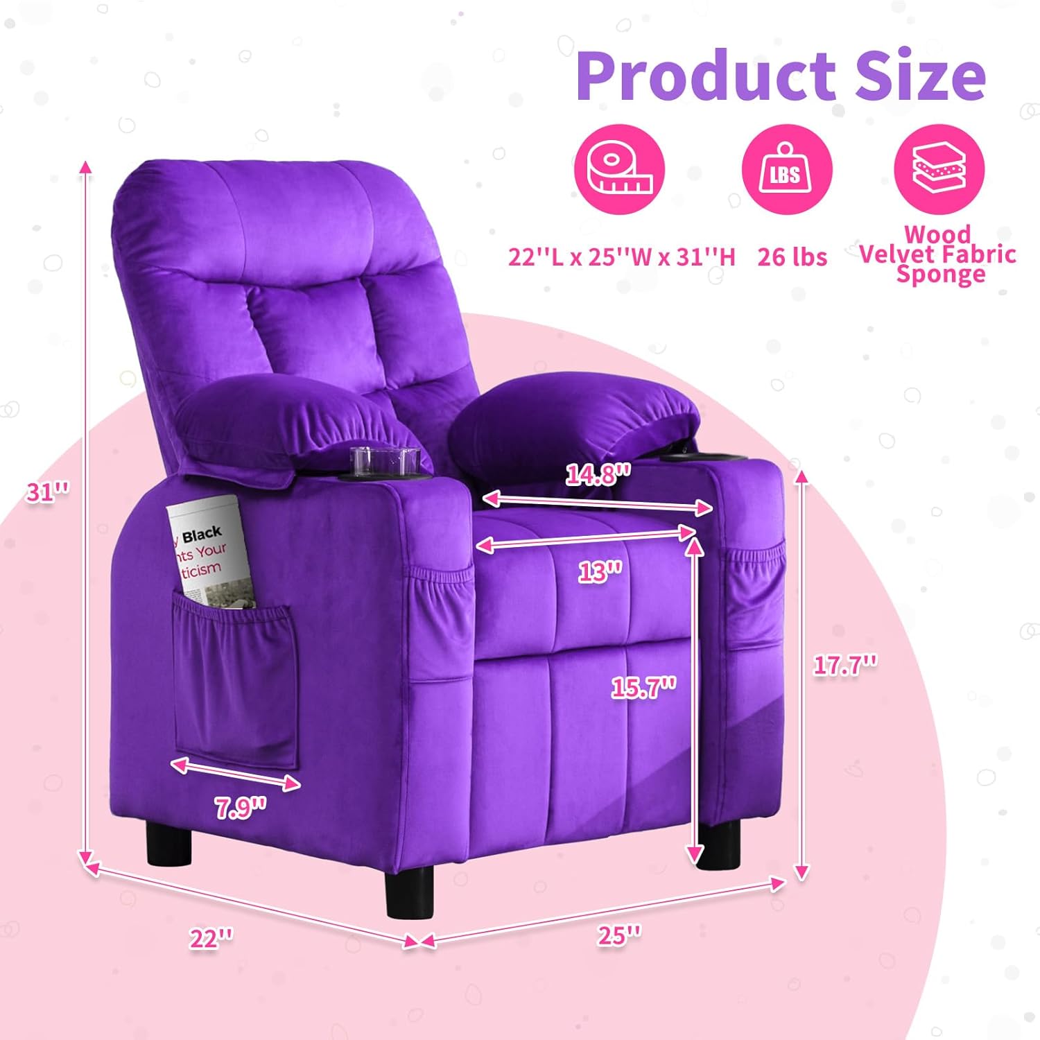 Purple Velvet Toddlers Kids Recliner Chair with Cup Holder V6260