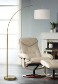 72" Tall Brass Metal Arc Floor Lamp with White Linen Drum Shade M303690