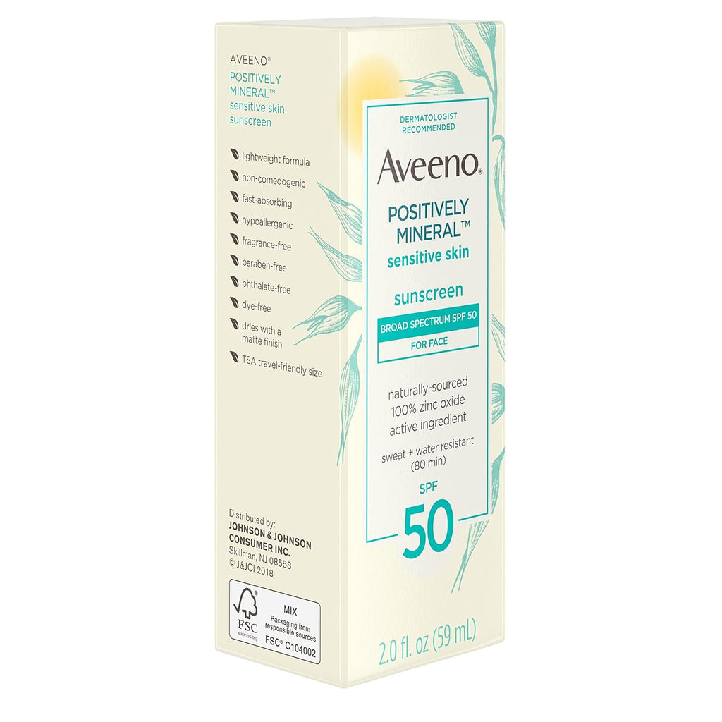 Positively Mineral Sensitive Skin Daily Sunscreen Lotion, Broad Spectrum SPF 50 with 100% Zinc Oxide, Lightweight & Non-Comedogenic Facial Sunscreen, Travel-Size, 2 fl. oz C156132