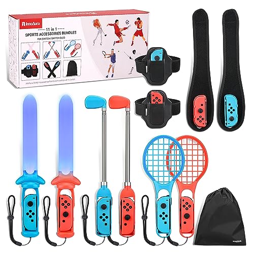 11 in 1 Switch Sports Accessories Bundle with Tennis Rackets, Golf Clubs, Swords, Wrist and Leg Strap, Storage Bag D48697