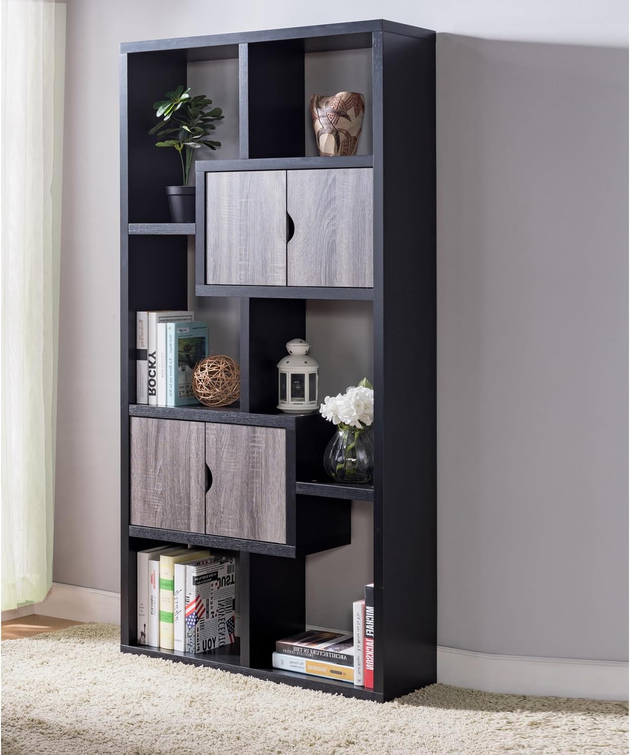 Black and Gray Wooden Bookcase with 4 Doors and 6 Shelves N4517