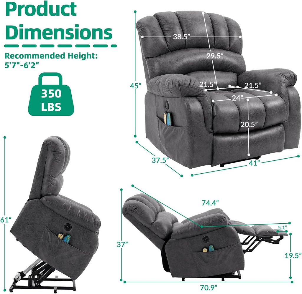 Gray Power Lift Recliner Chair with Heat & Massage O743