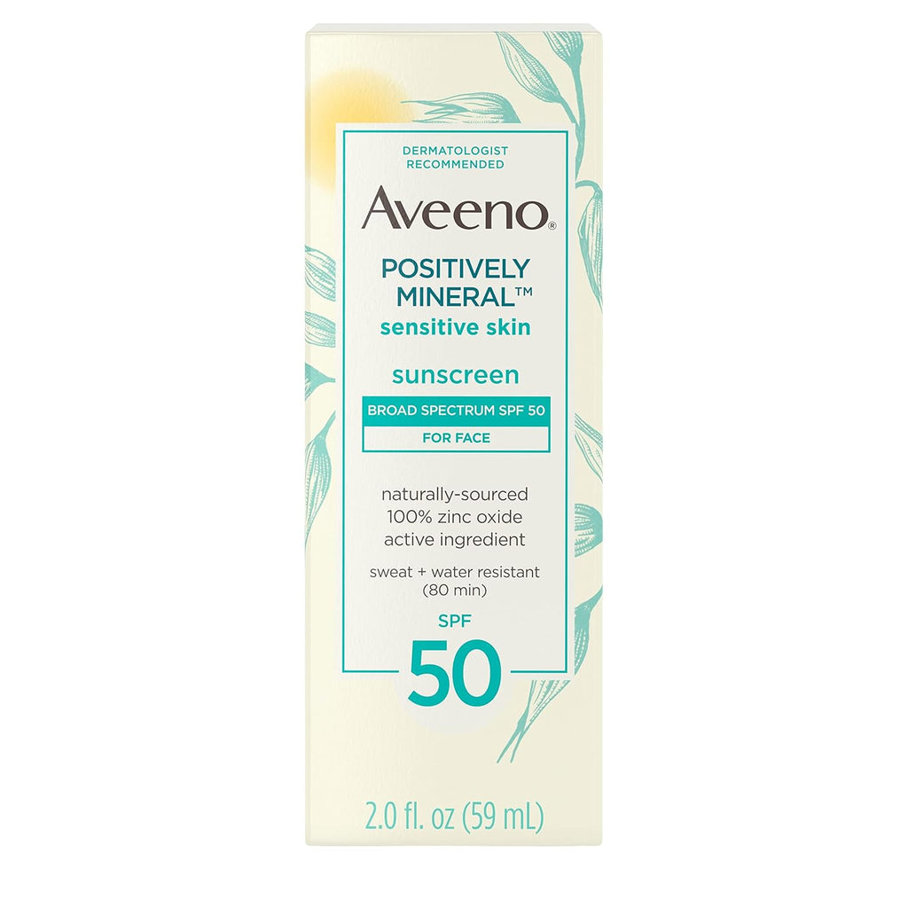 Positively Mineral Sensitive Skin Daily Sunscreen Lotion, Broad Spectrum SPF 50 with 100% Zinc Oxide, Lightweight & Non-Comedogenic Facial Sunscreen, Travel-Size, 2 fl. oz C156132